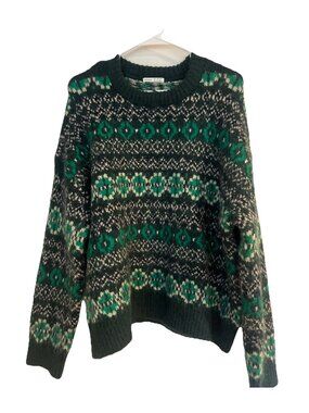 Oysho Mens Sz L Sweater Green&white  Wool Blend Fair Isle Crew Neck Long Sleeve